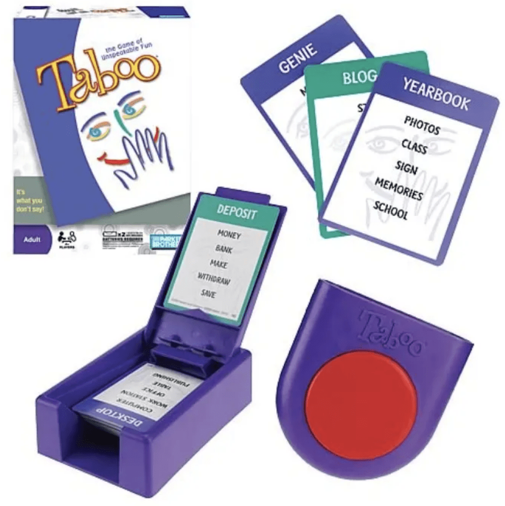 Pieces of the game Taboo including cards and a buzzer.